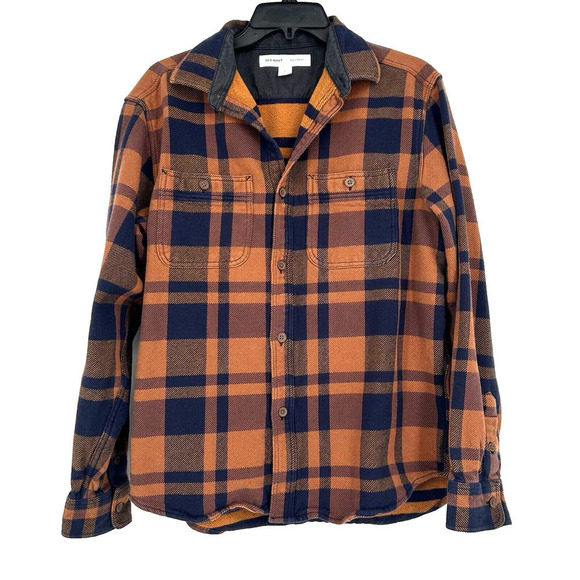 Old Navy Mens Twill Plaid Button Up Shirt Orange Blue Regular Fit Size L - Picture 1 of 10